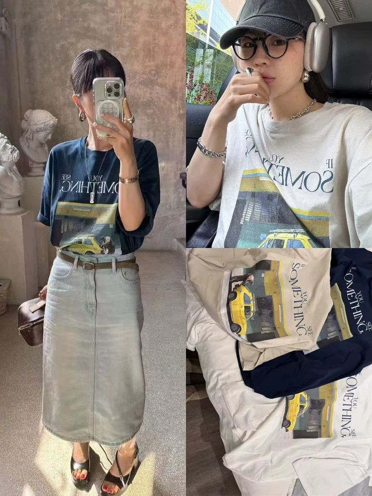 Retro Print Loose Fit ort Sve T-irt round Ne f Sve Summer Sweat Absorbing Women's Faion Casual Top