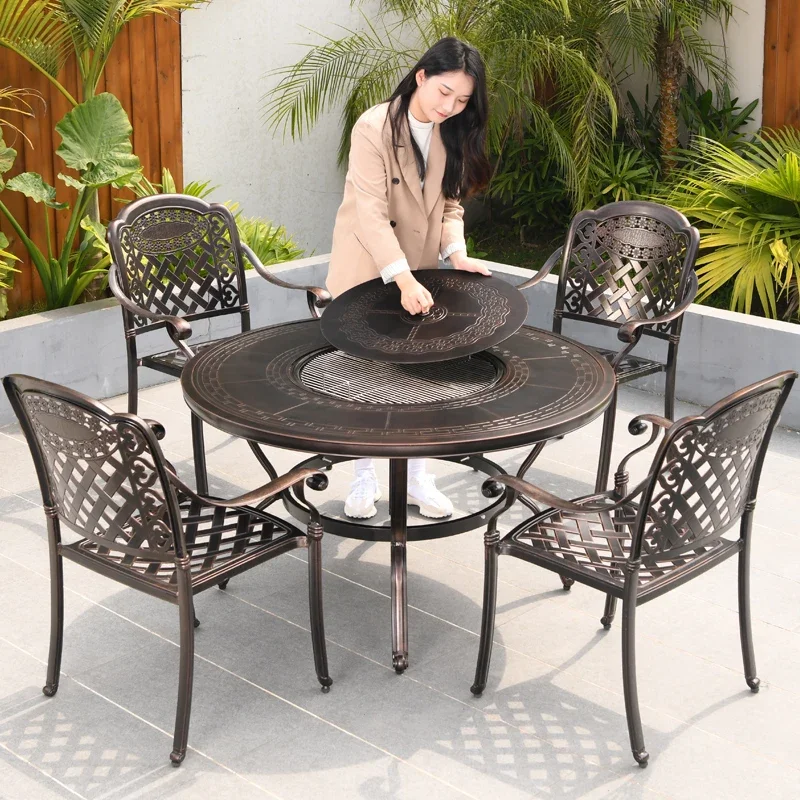 

Outdoor BBQ tables and chairs Cast aluminum Commercial outdoor leisure Charcoal BBQ grill Patio table Household yard carbon