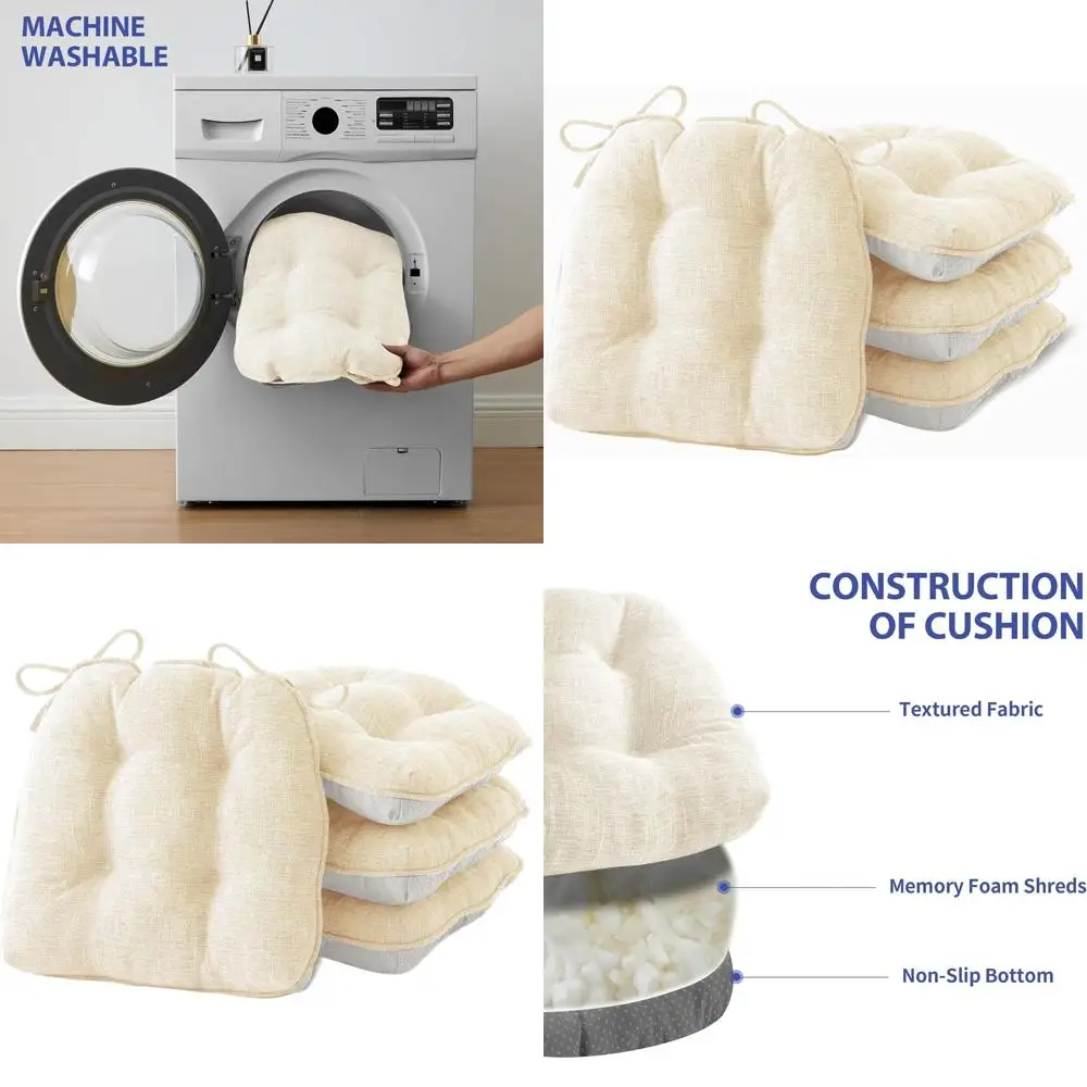 

Набор из 4 подушек для обеденных стульев, подушечки для кухонного сиденья с завязками, нескользящая подложка, тафтинговая пена с эффектом памяти, 15,5 x 15,5 x 4, кремовый