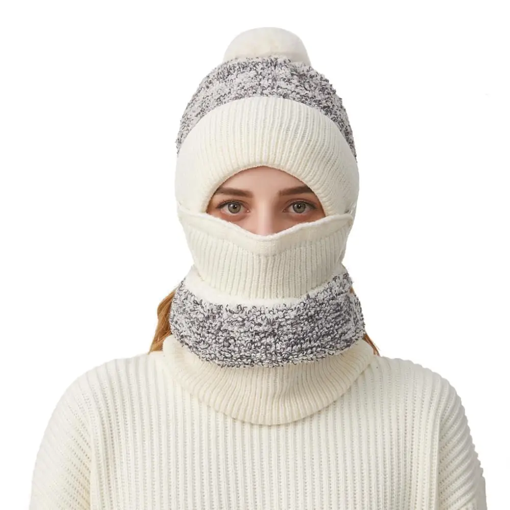 Зимняя шапка-бини 3 в 1 с помпоном, вязаные гетры с капюшоном и маской на флисовой подкладке, теплая