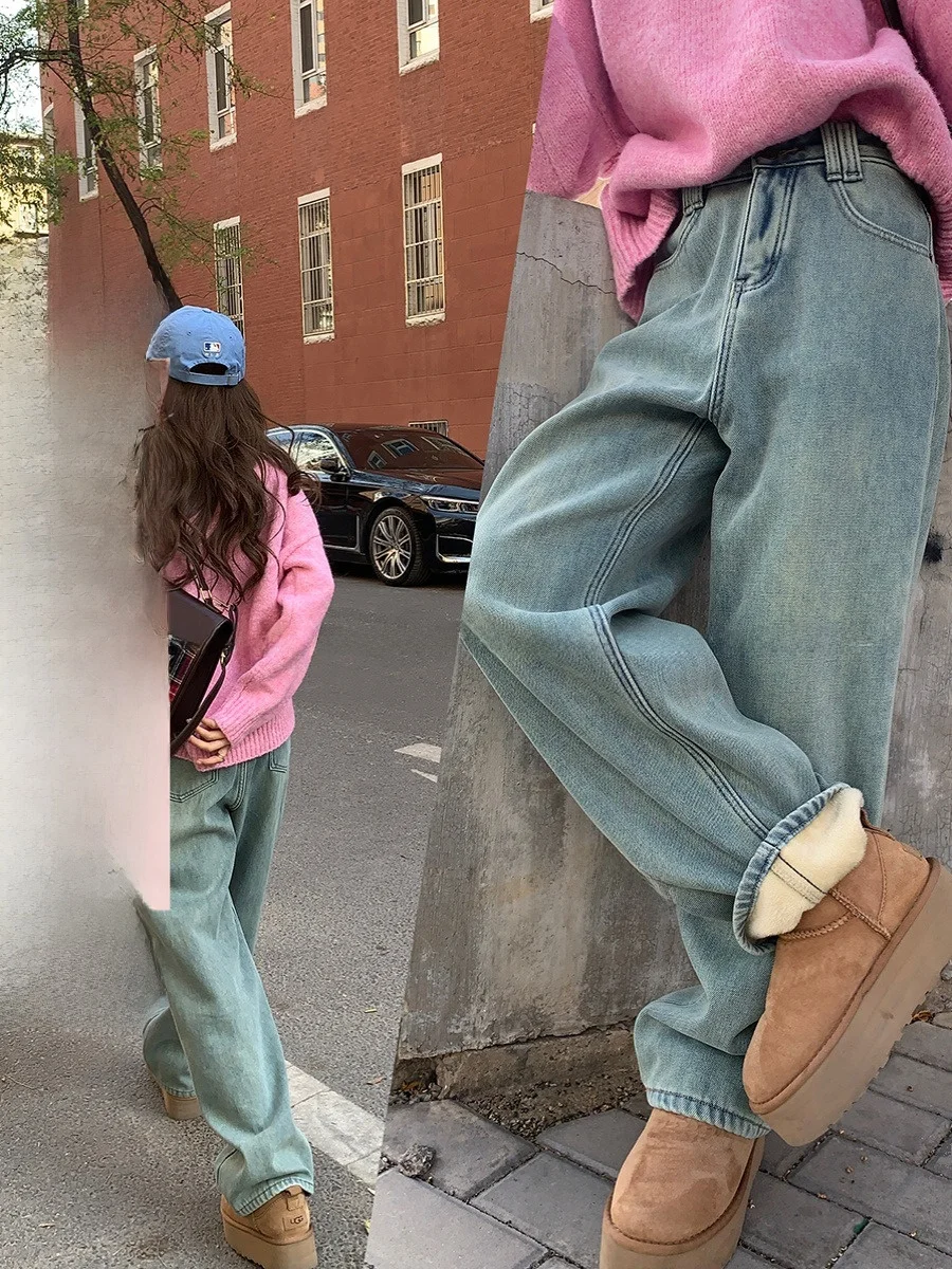 

Джинсы женские Thiened Fce с подкладкой, широкие, зимние, винтажные, с высокой талией, свободного кроя, прямого кроя, джинсовые брюки от Sinbounboun