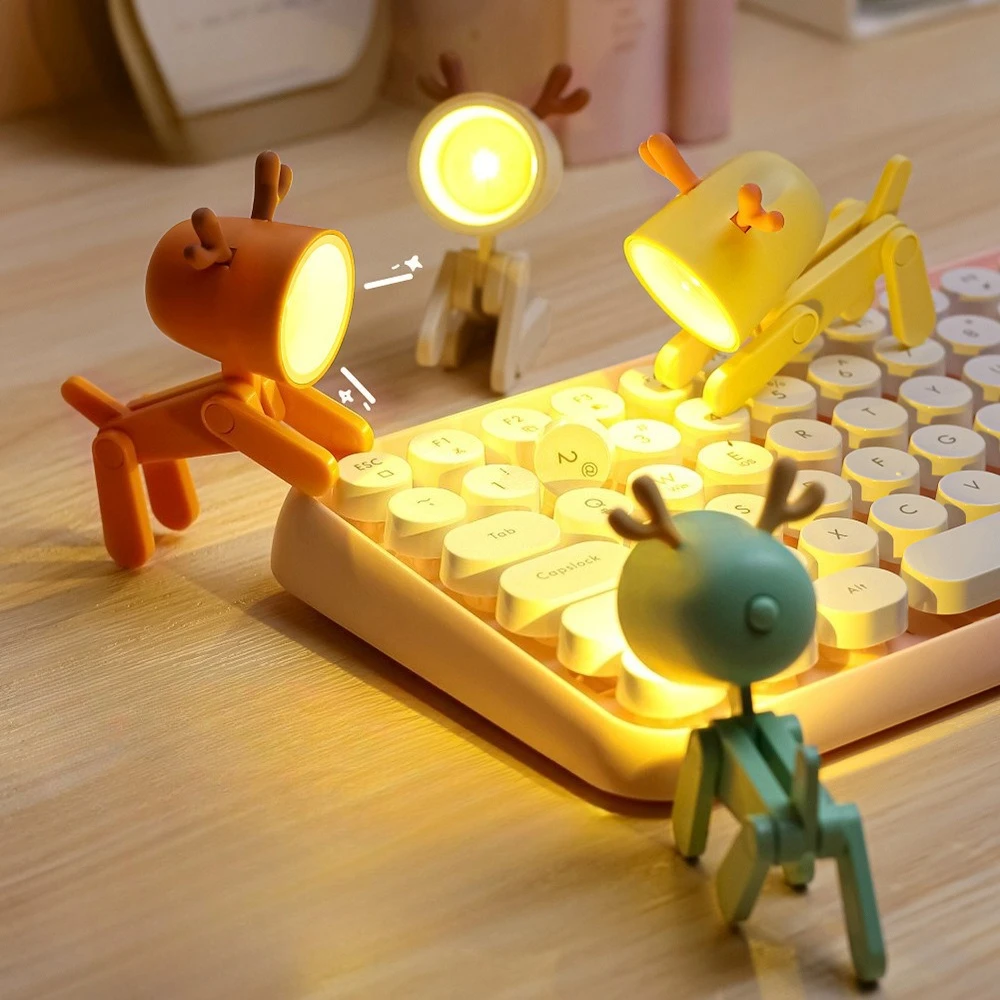 Mini LED Night Light Dog Deer DIY Foldable Desk Lamps Desktop Kids Room Bedside Bedroom Decor Holiday Cute Gifts Ornament
