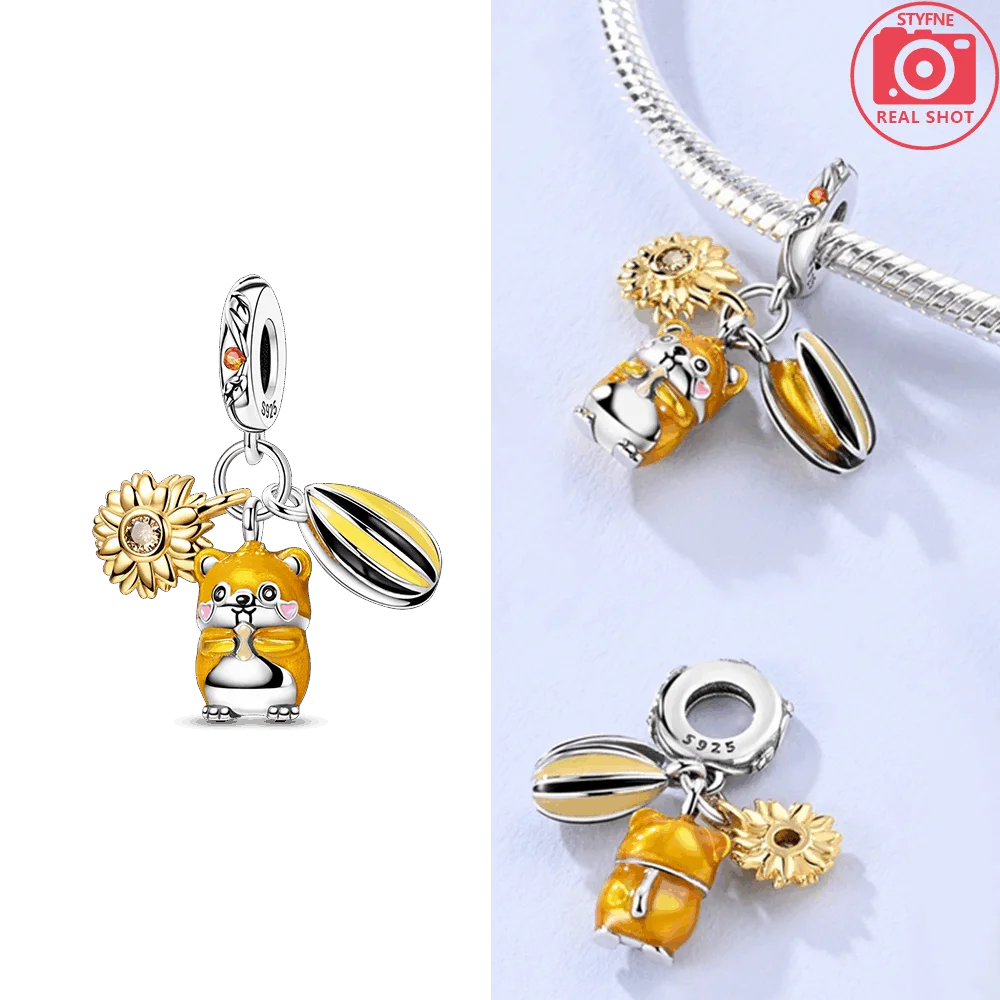 

Charms Silver 925 Yellow Hamster Sunflower Seed Pendants Fit Charms Plata 925 Original Bracelet Beads Women Jewellery Making Diy