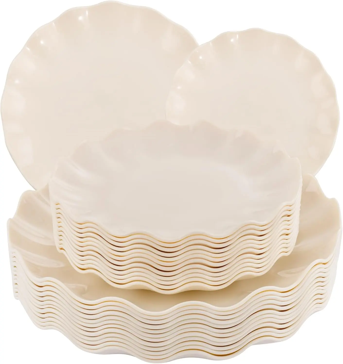

LIYH 24 Pcs Plastic Plates Reusable,Unbreakable Dinner Plates, Scalloped Plastic Plates, Dishwasher Safe,Ivory Plate Set