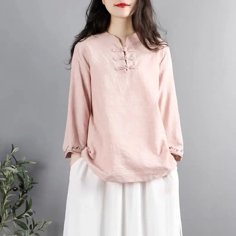 Chinese Style Retro Stand Collar Button Cotton Linen Women\'s Spring Autumn Folk Embroidery Long Sleeve Pullover Loose Shirt Tops