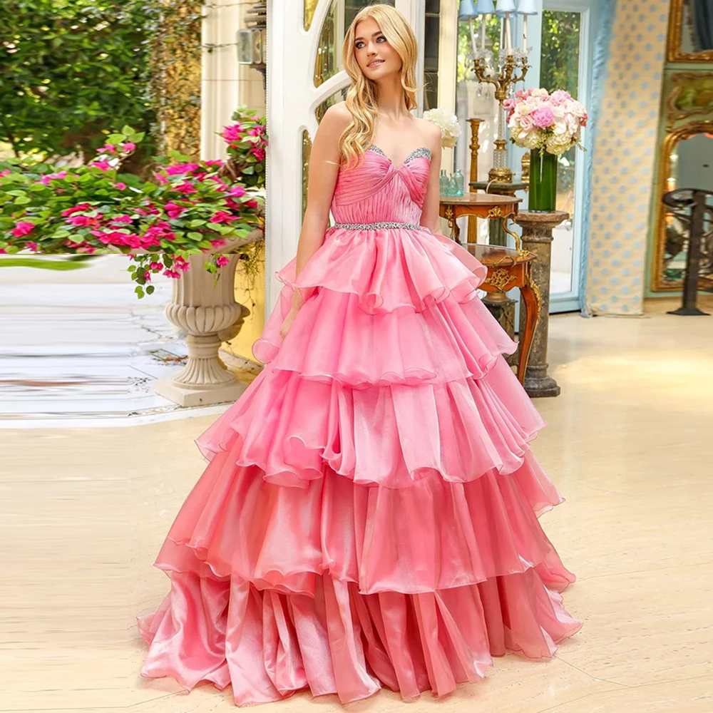 

Sparkly Crystal Evening Dress Customized Elegant Strapless Sleeveless Homecoming Dresses Exquisite Pink Organza Celebrity Gowns