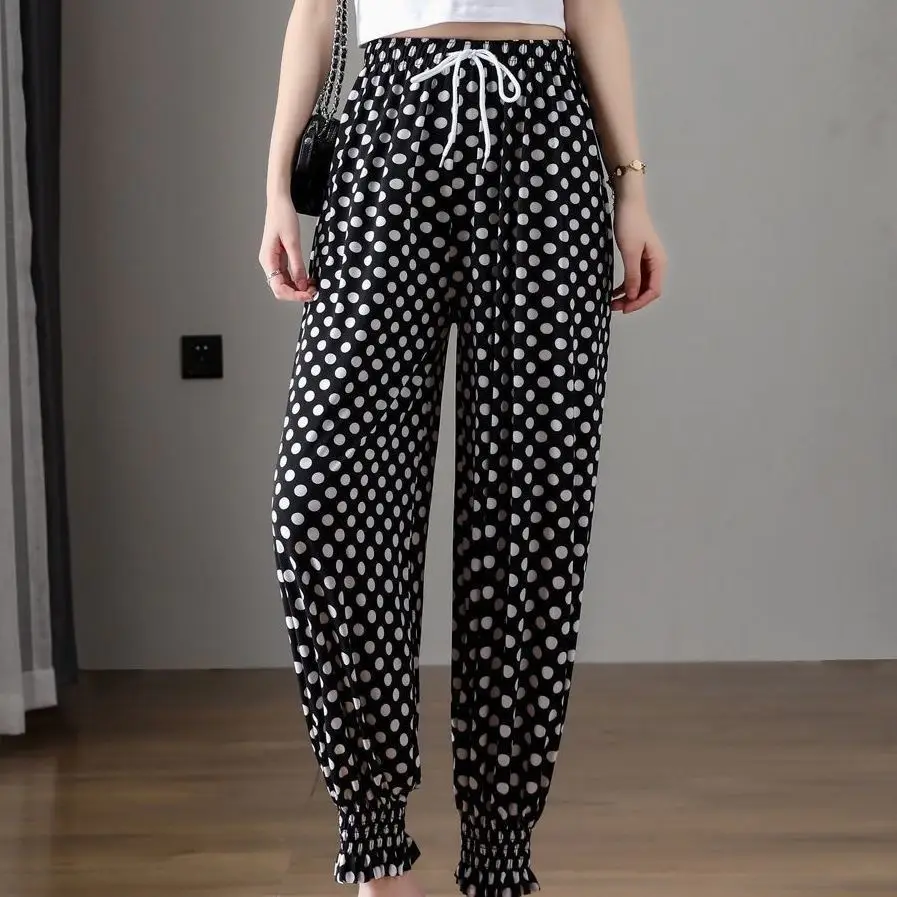 Ice Silk Anti-mosquito Pants Women 2026summer New Thin High-waisted Trousers Beam Leg Pants Bloomers Letters Casual Pants Ladies