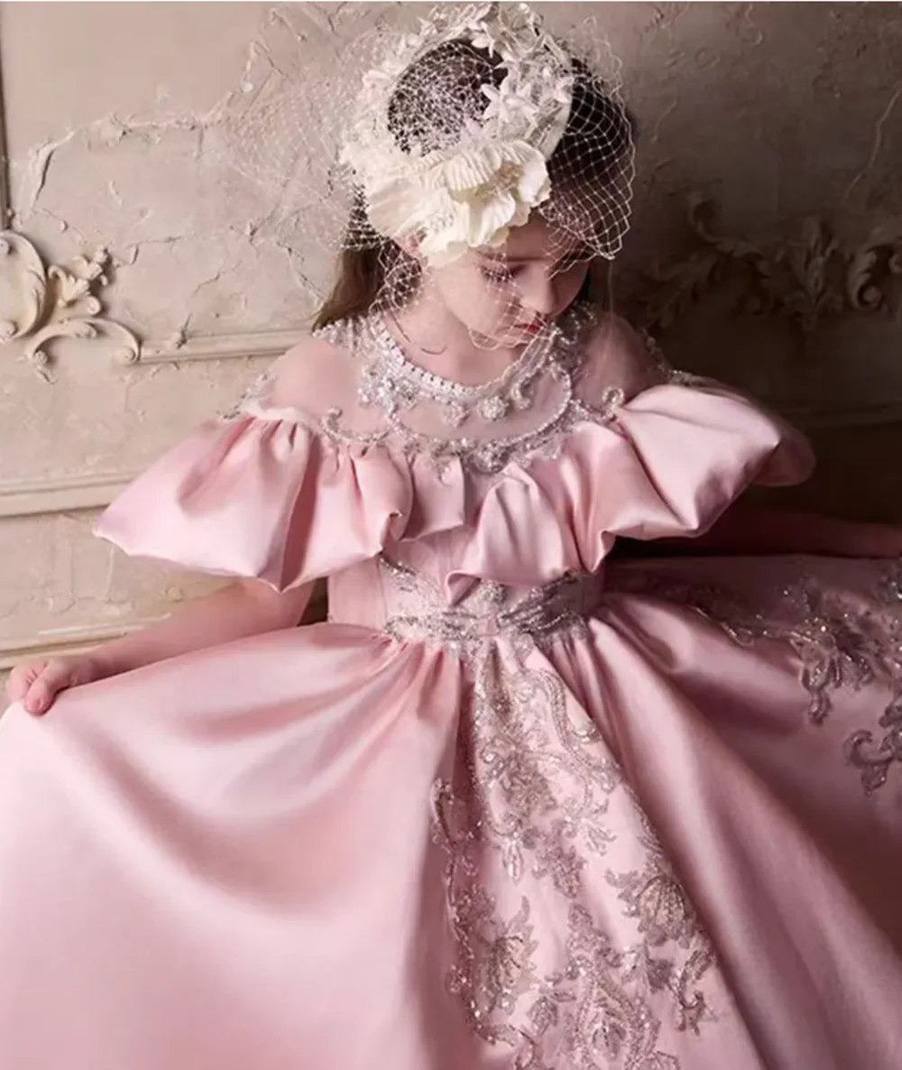 

Luxury Satin Pink Flower Girl Dress Off Shoulder Lace for Kids Princess Wedding Pageant Birthday Party Ball Gowns
