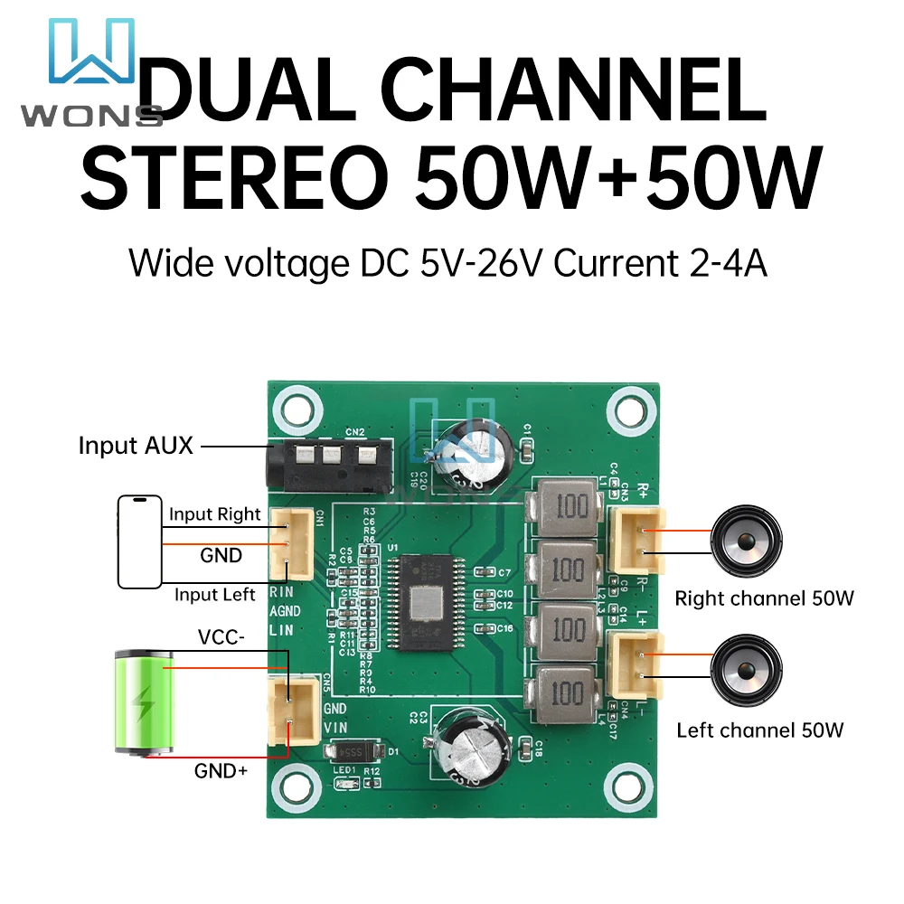 DC 5V-26V 2.0 Channel Digital Stereo Class D Audio Amplifier Board DIY 50W+50W Amplificador Sound Board Module Electeonic Kit