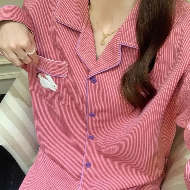 بيجامة أرنب مخططة حلوة جديدة لعام 2025 للنساء لخريف وشتاء سميكة ودافئة من القطن ملابس خارجية طقم ملابس منزلية #5