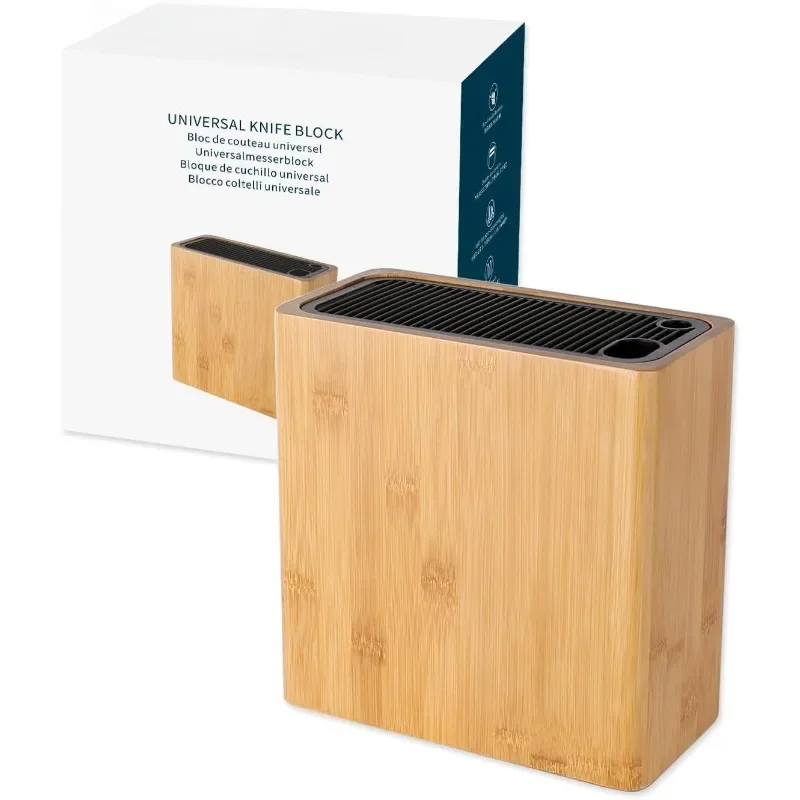 Bamboo Universa Block Holder with Slots for Scissors and Sharpening Rod, Safe, Space Saver Storage Stand Display without