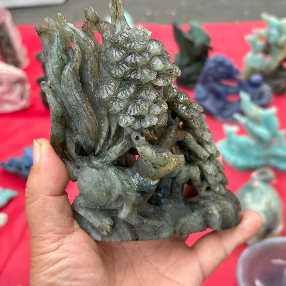 Natural Flash Labradorite Deer Under Tree Carving Hand Carved Crystal Elk Figurine Shiny Gemstone Statue Home Desktop Decor Reik