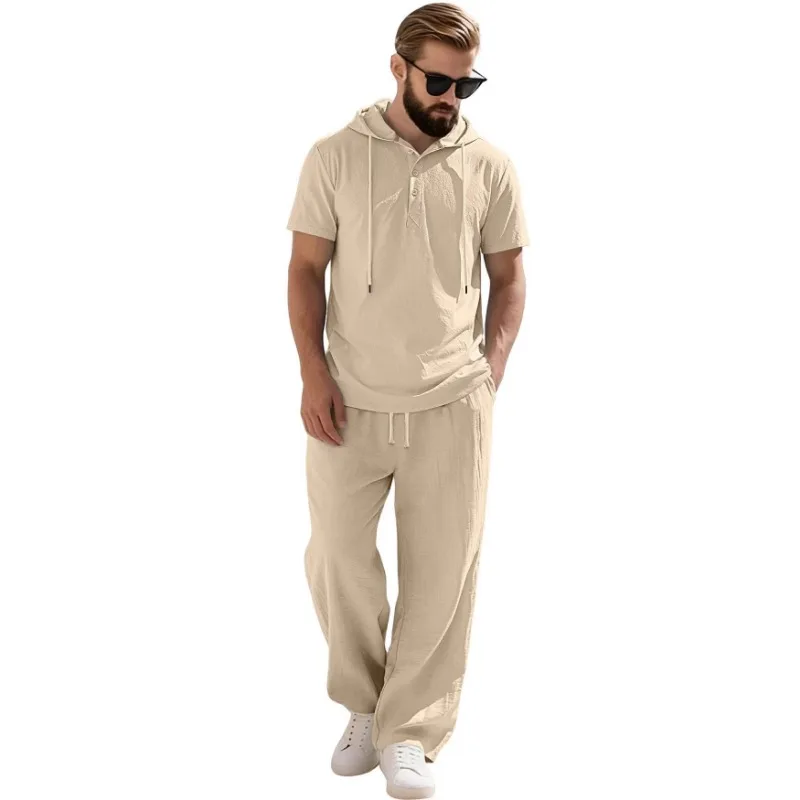 

Men Hooded Button Short Sleeve Shirt Wide Leg Pants Linen Cotton Casual Two Piece Set