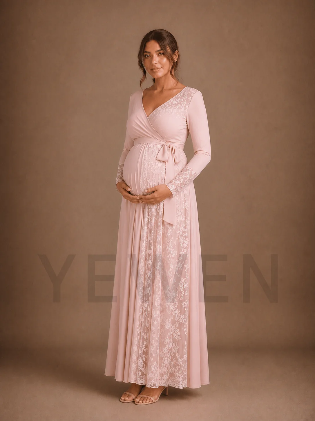 Blush Pink Wrap Maternity Baby Shower Dress V-Neck Gown with Lace Panels ZX022 view 2