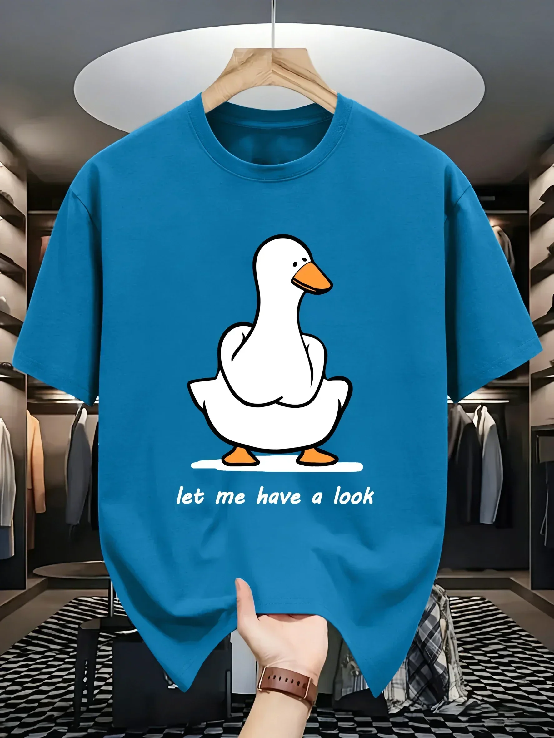 Let Me Have A Look Goose Print Fashion Basic T-Shirt Man Cotton Comfortable Tee Summer Loose Top Sport Breathable Short Sleeve