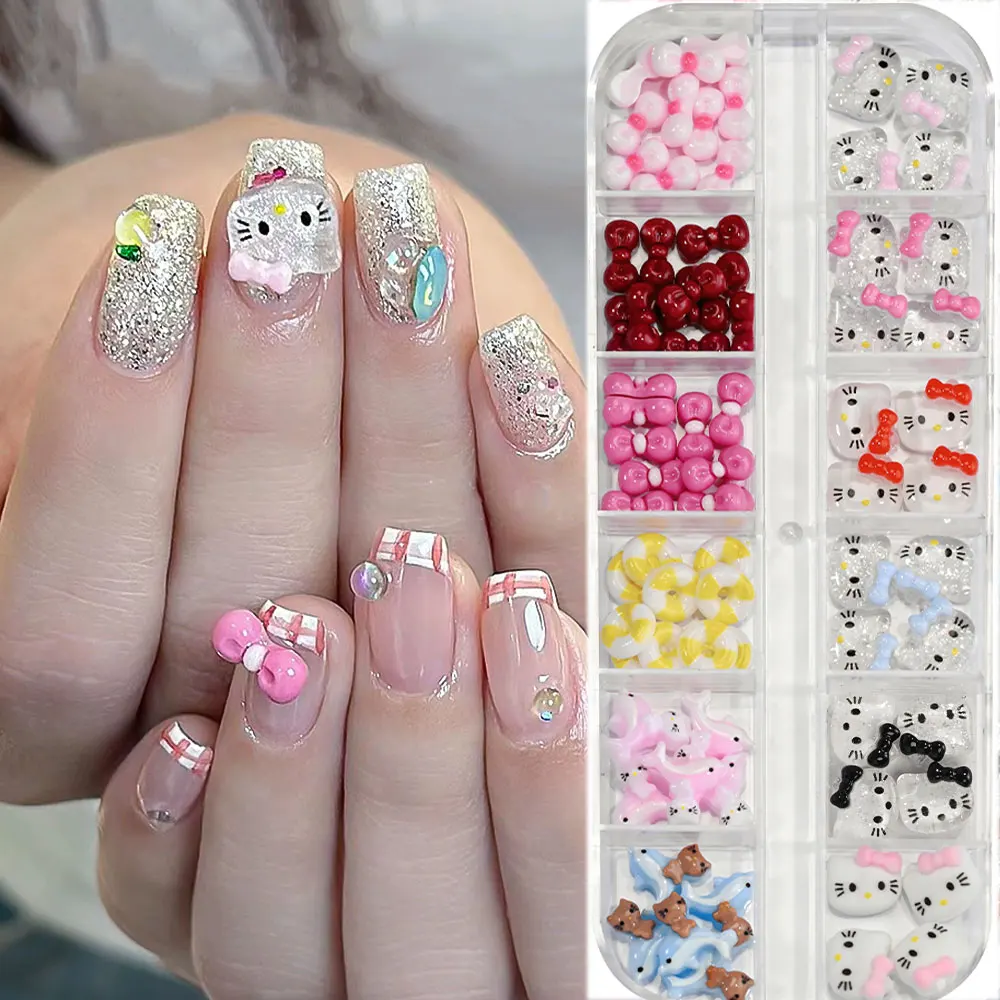 12Girds ثلاثية الأبعاد أسود أبيض كيتي القط لطيف الكرتون مسمار السحر القوس دولفين هوتي مرحبا كيتي مسمار الديكور لتقوم بها بنفسك y2k KT مجوهرات أظافر