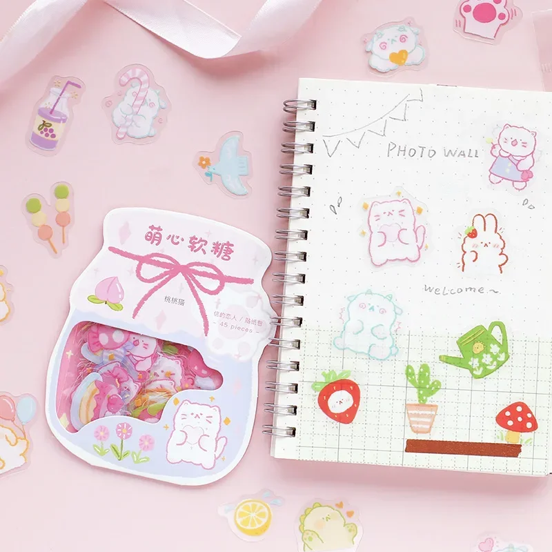 45pcs Kawaii Cute Stickers Korean Stationery Cartoon Stickers Bullet Journaling Decoration Diary Album Stickers Waterproof