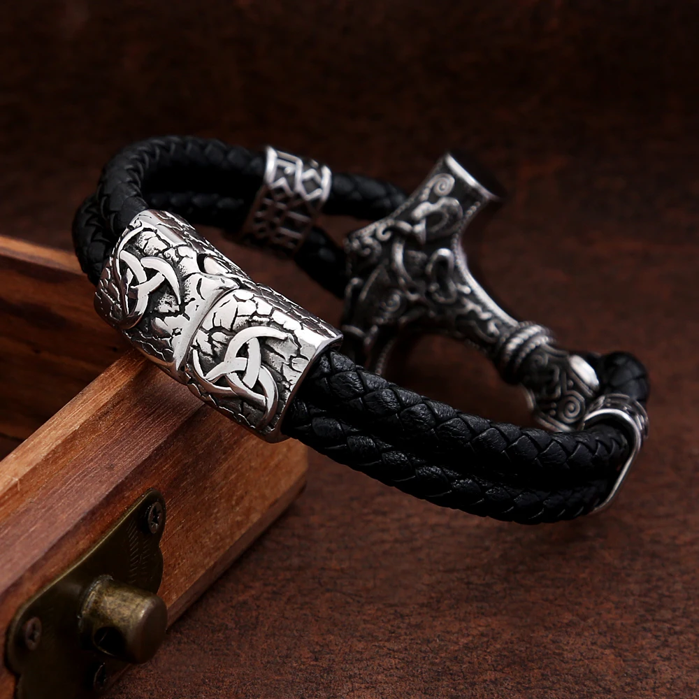 Vintage Stainless Steel Thor Hammer Mjolnir Bracelets Bangles Mens Viking Leather Wristband Norse Mythology Runes Amulet Jewelry