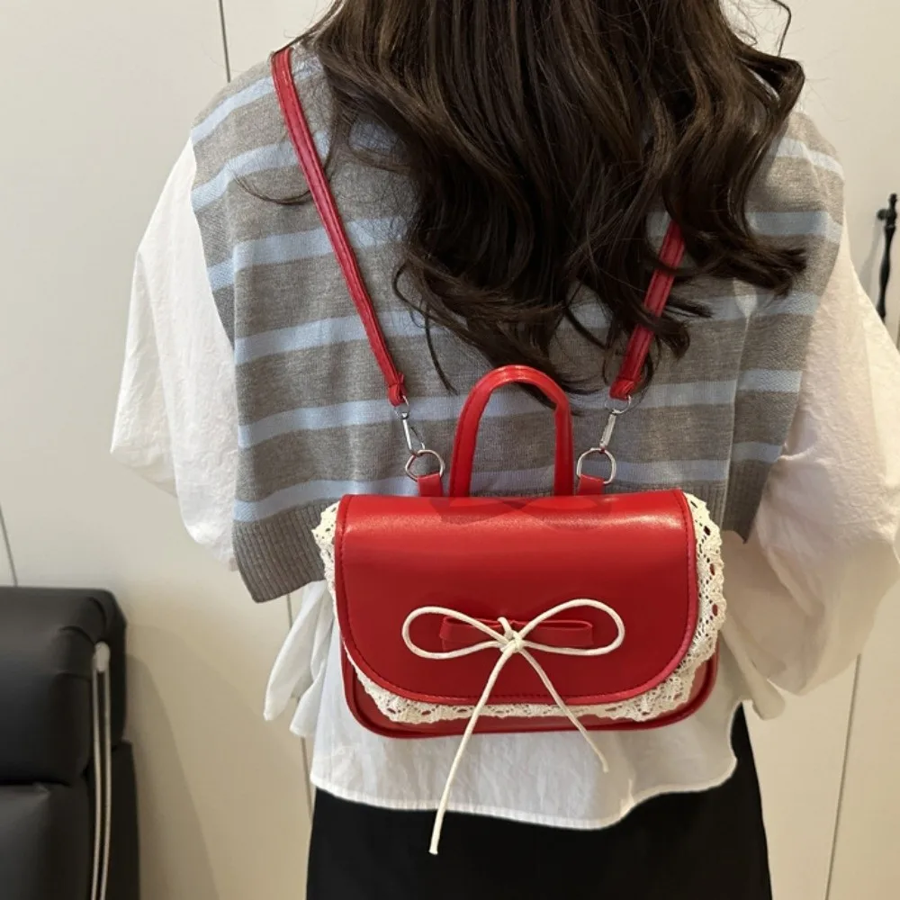 Fashion Mini Lace Bow Backpack Korean Style Kawali PU Leather Bag Square Elegant Shouder Bag Gift
