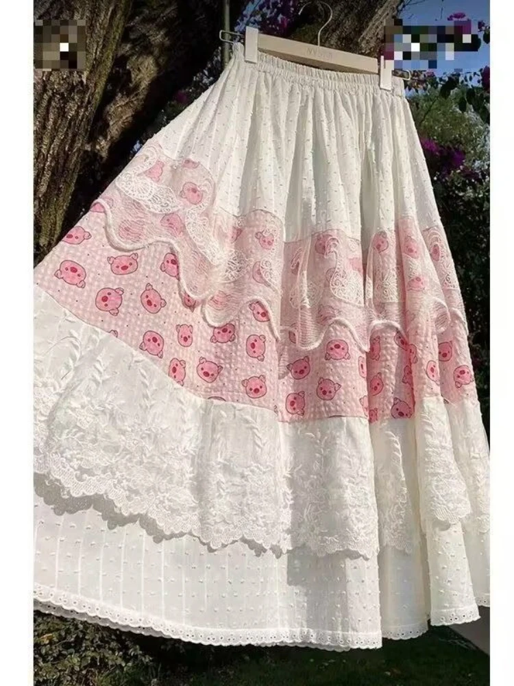 Korean Fairy Cute Skirt Lace High Waist 2025 Summer New Design Lace Stitching Retro Long Skirt Casual Kawaii Patchwork Outfits