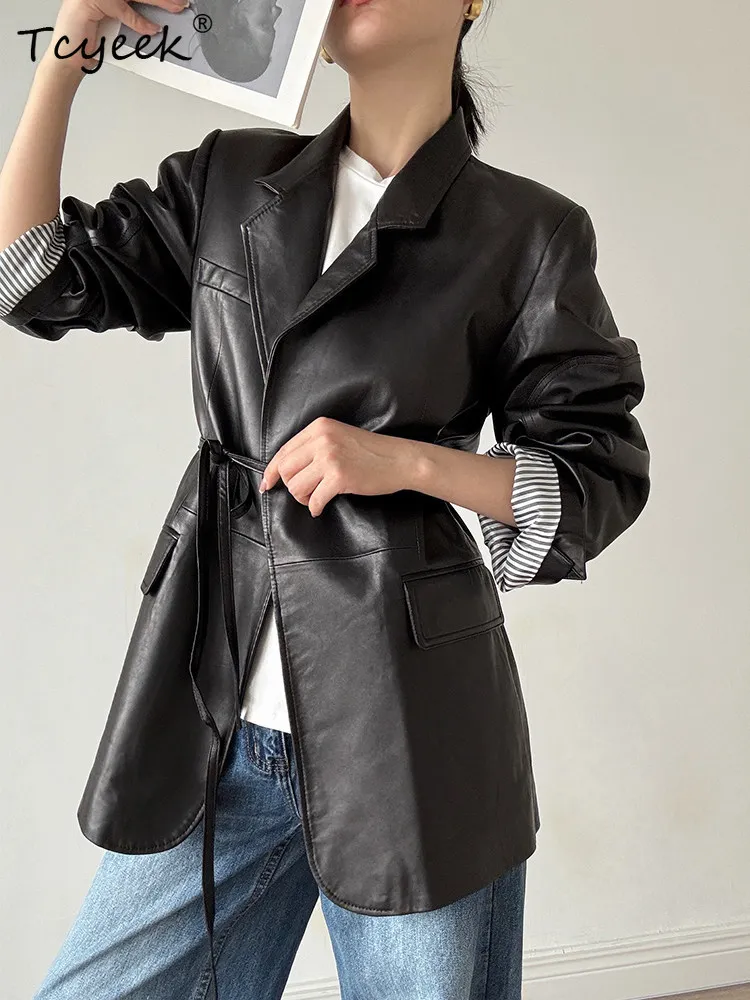 Tcyeek Genuine Leather Jacket Women  Autumn Clothes Real Sheepskin Coats for Woman Mid-length Trench Coat Semi Vegetable Tanning