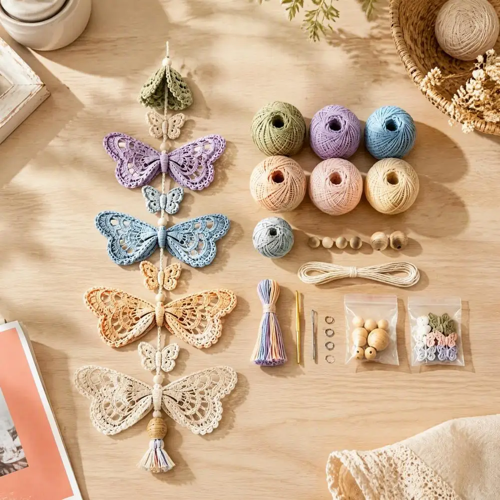 Crochet Butterfly Kit Diy Crochet Kit Set Butterfly Hummingbird Garden Cascade Handmade Hanging Ornaments Step-by-step Yarn