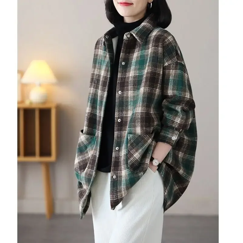 

Spring and Autumn Women's Plaid Button Loose Fit Long POLO Collar Cardigan Shirt Coat Fashion Casual Elegant Commuter Tops