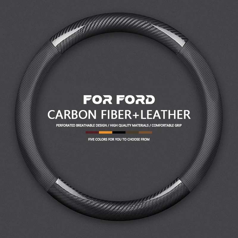 For Ford Fiesta Focus Sedan Escort Mondeo Taurus Kuga Edge Ranger F-150 MustangTransit Leather Carbon Fiber Steering Wheel Cover