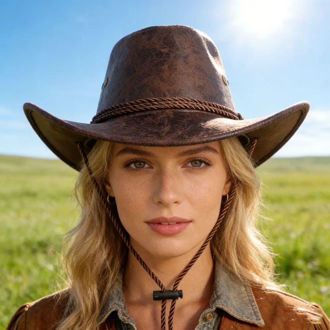 Vintage Faux Leather Big-edge Western Cowboy Hats Panama Gentleman Cowgirl Jazz Hat Holidays Party Cosplay Hat image 2