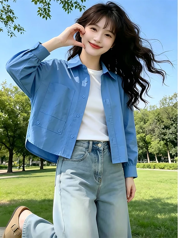 Elegant  Blue Loose Short Sleeve Shirt Women's Spring Autumn Outerwear Simple Commute Base Layer Fashion Ball Jacket