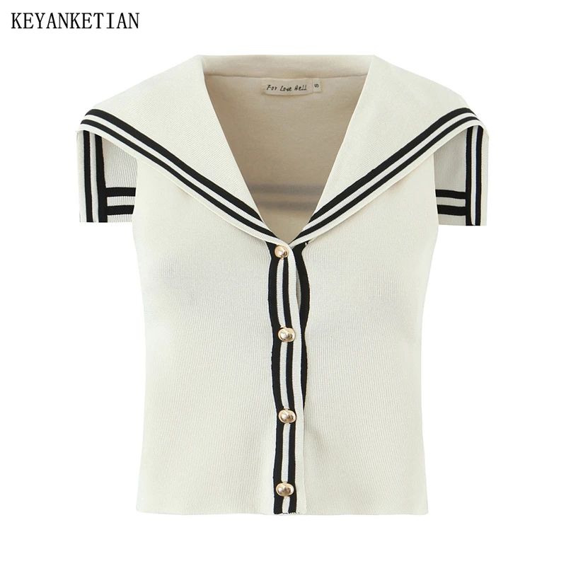 

KEYANKETIAN, новинка лета 202, женский полосатый темно-синий вязаный топ с воротником, однобортный тонкий шикарный укороченный топ без рукавов в консервативном стиле