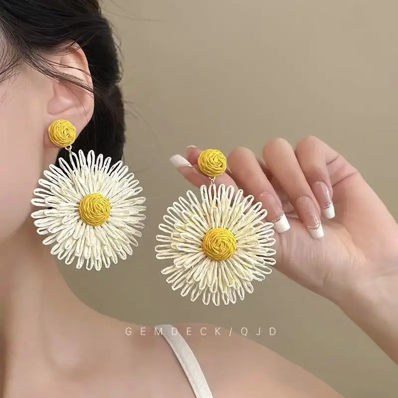 Handwoven Flower Earrings for Women Vacation Boho Chunky Oversized Lightweight Summer Beach Resort Atmosphere