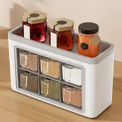 Seasoning Racks With 6 Compartment No-Drill Household Case Transparent Condiment Jar with Spoon and Lid for Salt Pepper Paprika