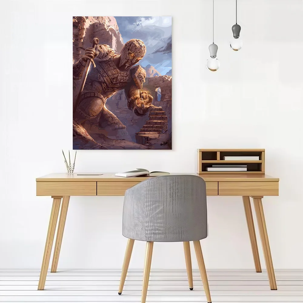 Stone Knight Holding Glowing Artifact Printed Canvas Wall Art Customizable Paintings Poster Perfect Gift for Bedroom Home Decor