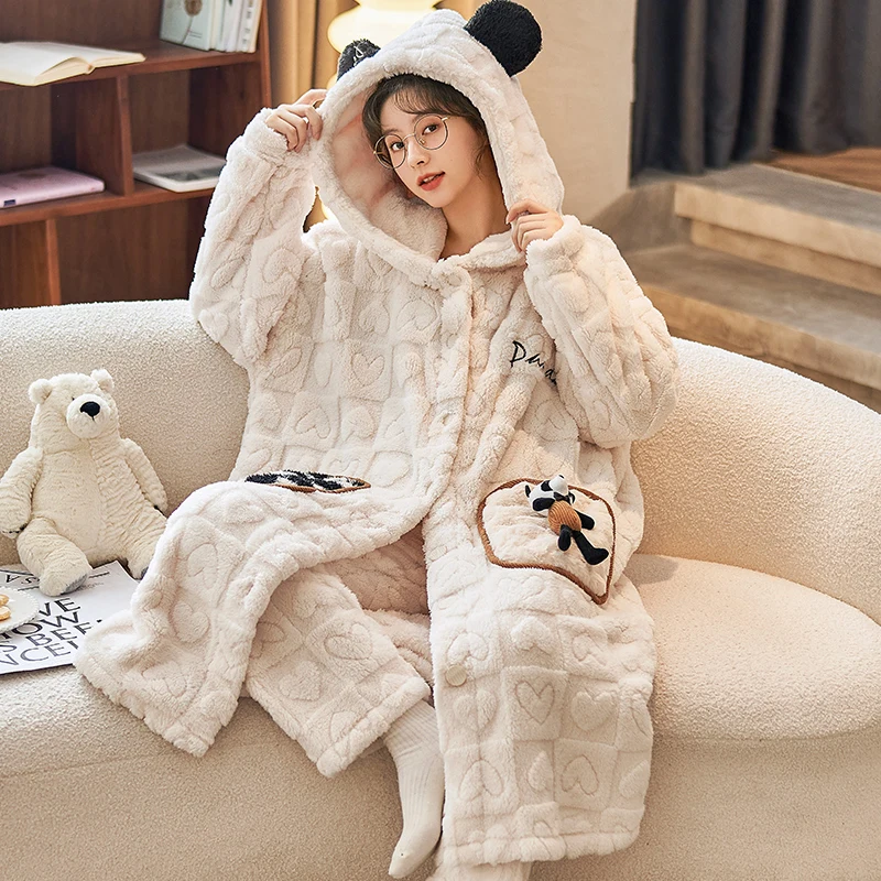 Warm Winter Woman Bathrobe Coral Velvet Bathrobes For Women\'s Plus Size Nightie Cartoon Hooded Kimono Flannel Robe Dressing Gown