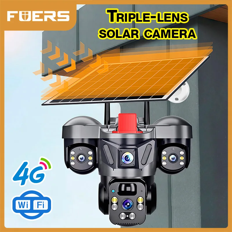 FUERS 4G WIFI Solar Camera V380 Pro 6MP 10X Zoom Triple Lens 4G Solar Outdoor Three Screen Motion Detection Security CCTV Camera
