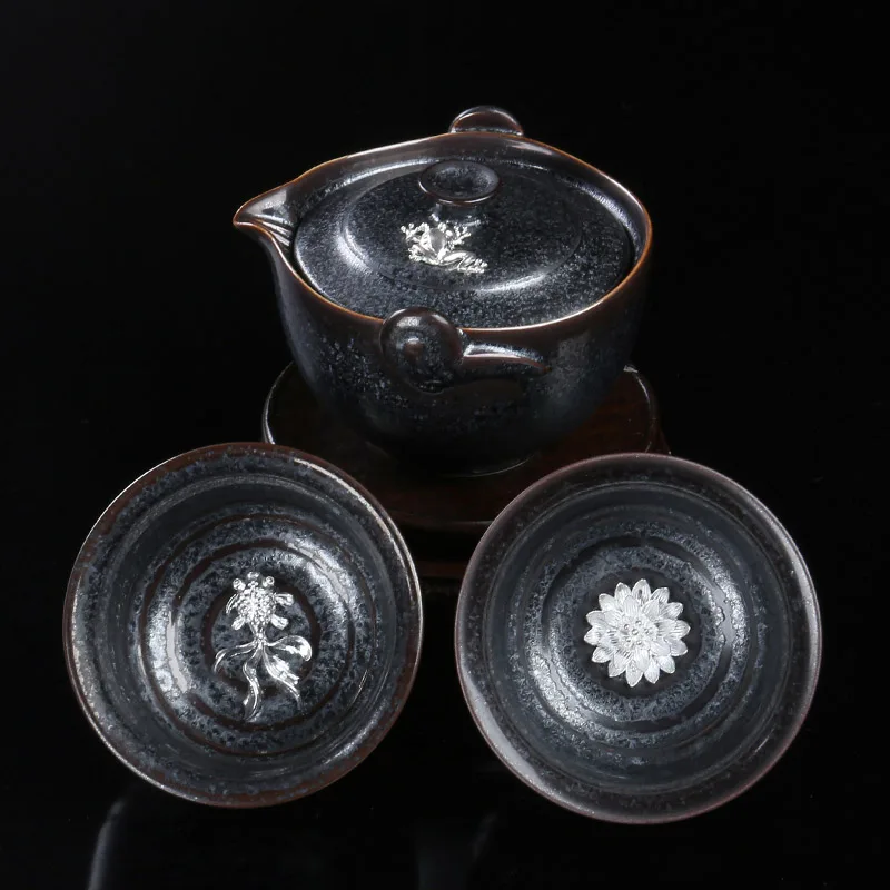 Zhan Kiln Li Jia Ta Tian Mu Complete Kung Fu Cover Bowl Sea Tea Cup Set