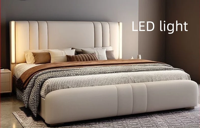 Modern Luxury Queen King Led Light Bed for Hotel Villas Soft Storage Revolving Fabric Upholstered Bedroom Set with Wooden Frame