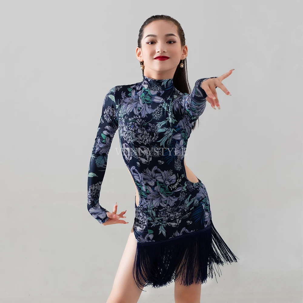 Vennystyle Latin Dance Dress Girls Long Sleeve Fringe Floral Design Practice Wear Professional Standard Training Outfit