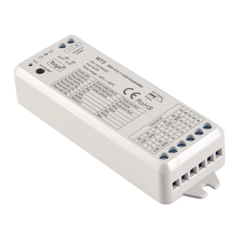 

Светодиодный контроллер A47U Tuya 5 в 1, диммер CCT RGB RGBW RGBWW RGBCCT Strip Smart Life Wi-Fi 2,4G RF Пульт дистанционного управления 12-24 В WT5