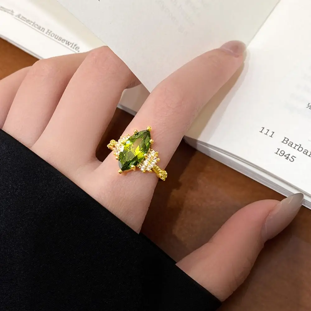 Mode Prachtige Groene Strass Ringen Verstelbare Franse Stijl Vintage Zirkoon Ringen Sieraden Opening Shining Ringen Party