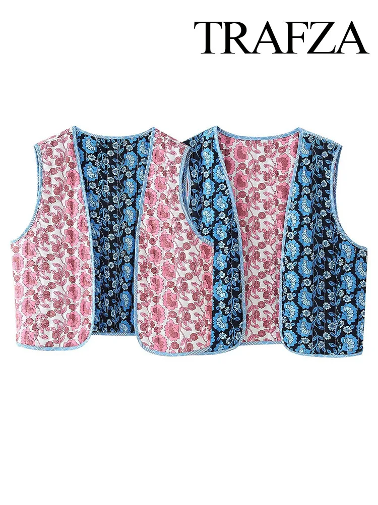 

TRAFZA Women Autumn Elegant Flower Printed Sleeveless V-Neck Vest Female Reversible Cotton Vest High Streetwear Tops Mujer