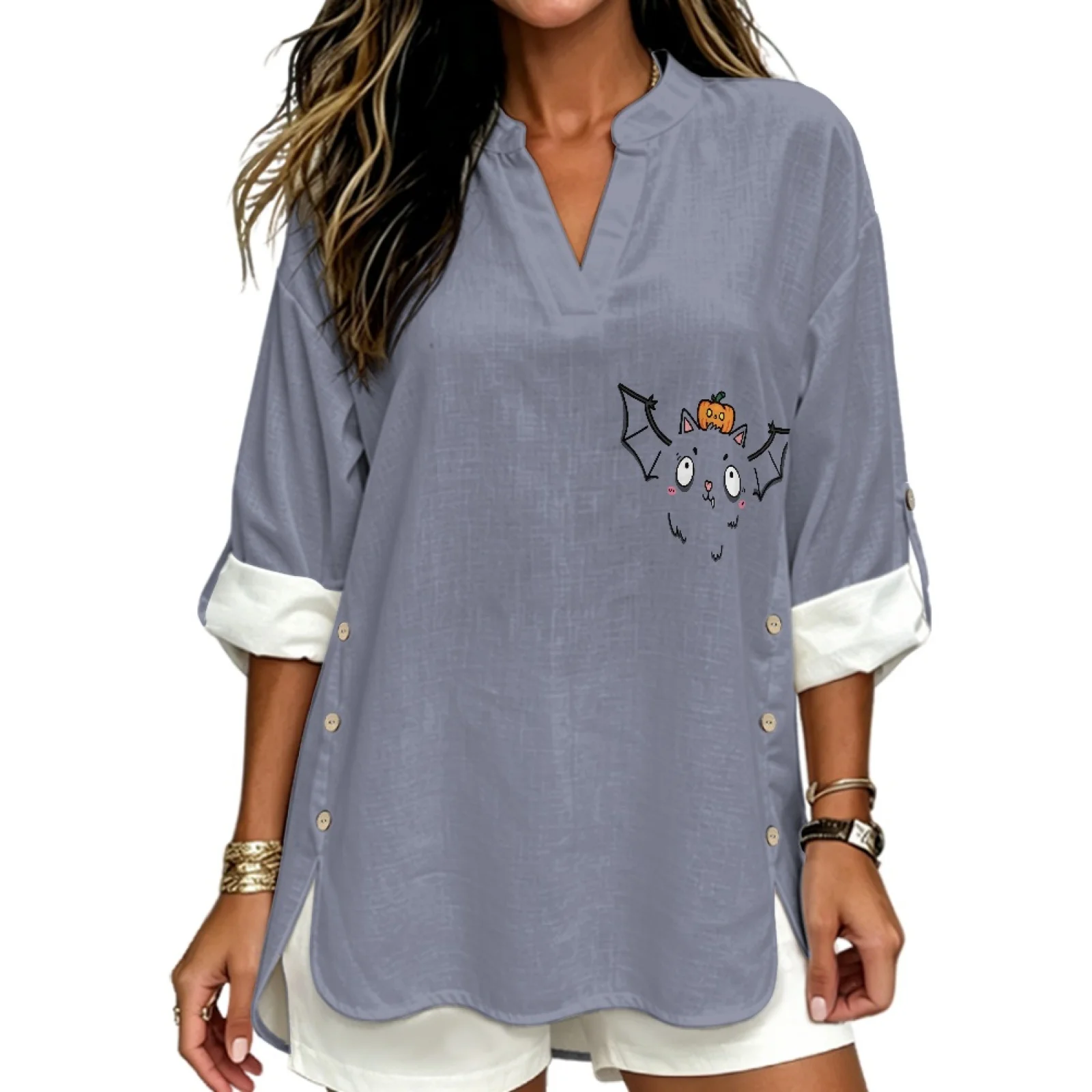 PENSTROLL Cute Bat Print Long Sleeve Blouses, Linen Like Flowy Tunic Top, Sizes S-5XL for Ladies Everyday Wear and Beach Walks