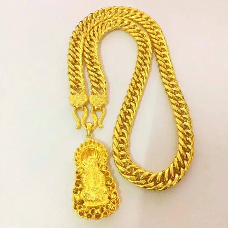 Collar de cuentas redondas grandes y puras para mujer, colgante de Guanyin de oro 999 de 18k, 100% hueco, esmerilado, chapado en 999