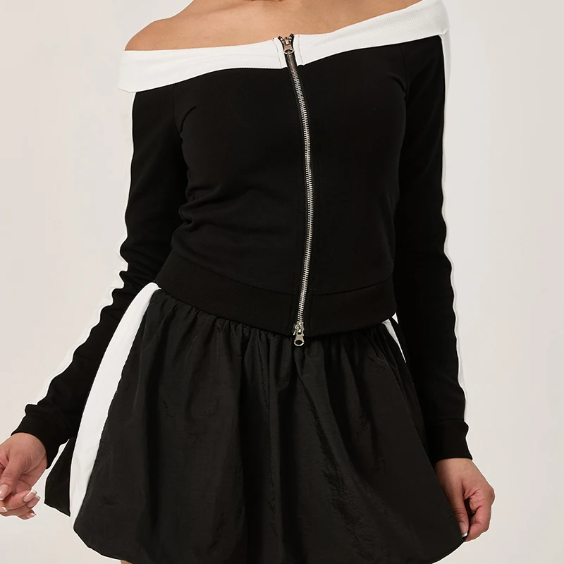 Women One Shoulder Contrasting 2-piece Long Sleeved Zipper Waist Slimming Tennis Skirt Slim Fit Sportswear