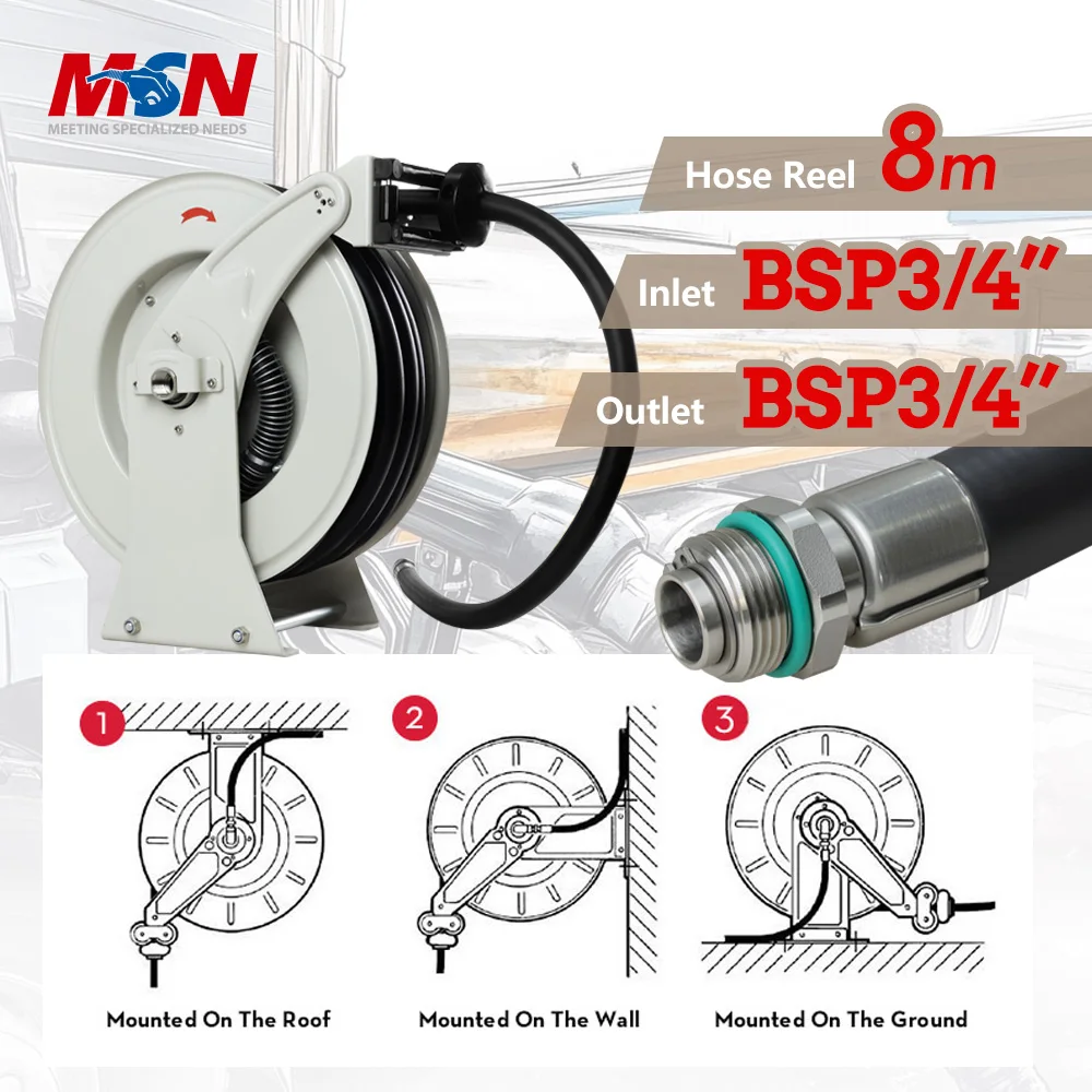 MSN Diesel Exhaust Fluid Transfer 20bar Max Working Pressure 304 Stainless Steel Fittings Roof Wall Ground Mounted Hose Reel