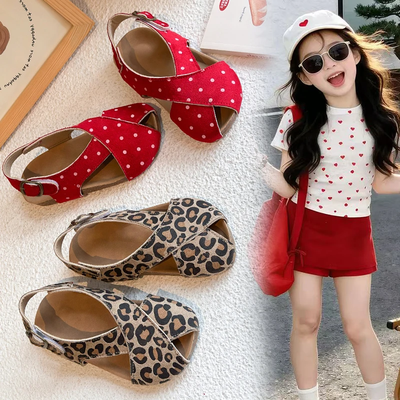 Children's Sandals Leopard Print Polka Dot Summer Soft Cross Open Toe Beach Slippers for Kids Toddler Footwear Boys Girls Shoes