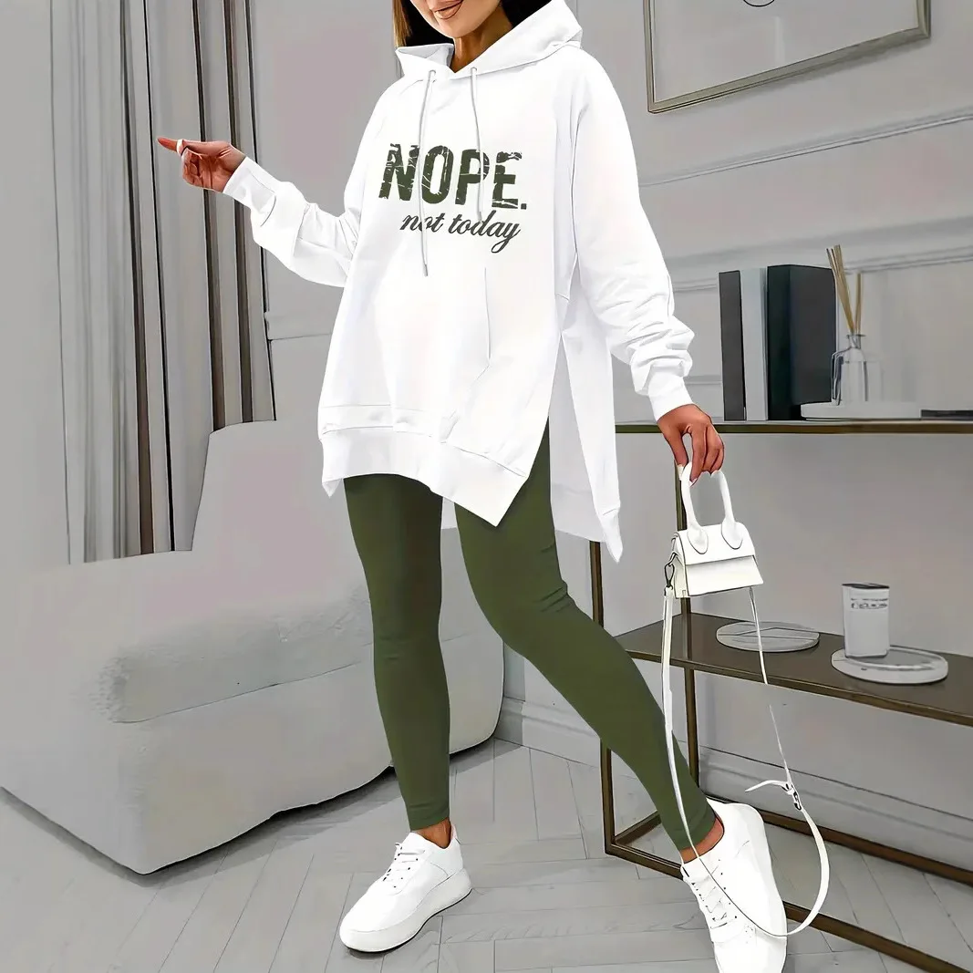 ลําลองแขนยาวHoodedชุดฤดูใบไม้ผลิฤดูใบไม้ร่วงพิมพ์กระเป๋าSlit Designสบายความยาวข้อเท้าชุดสตรี