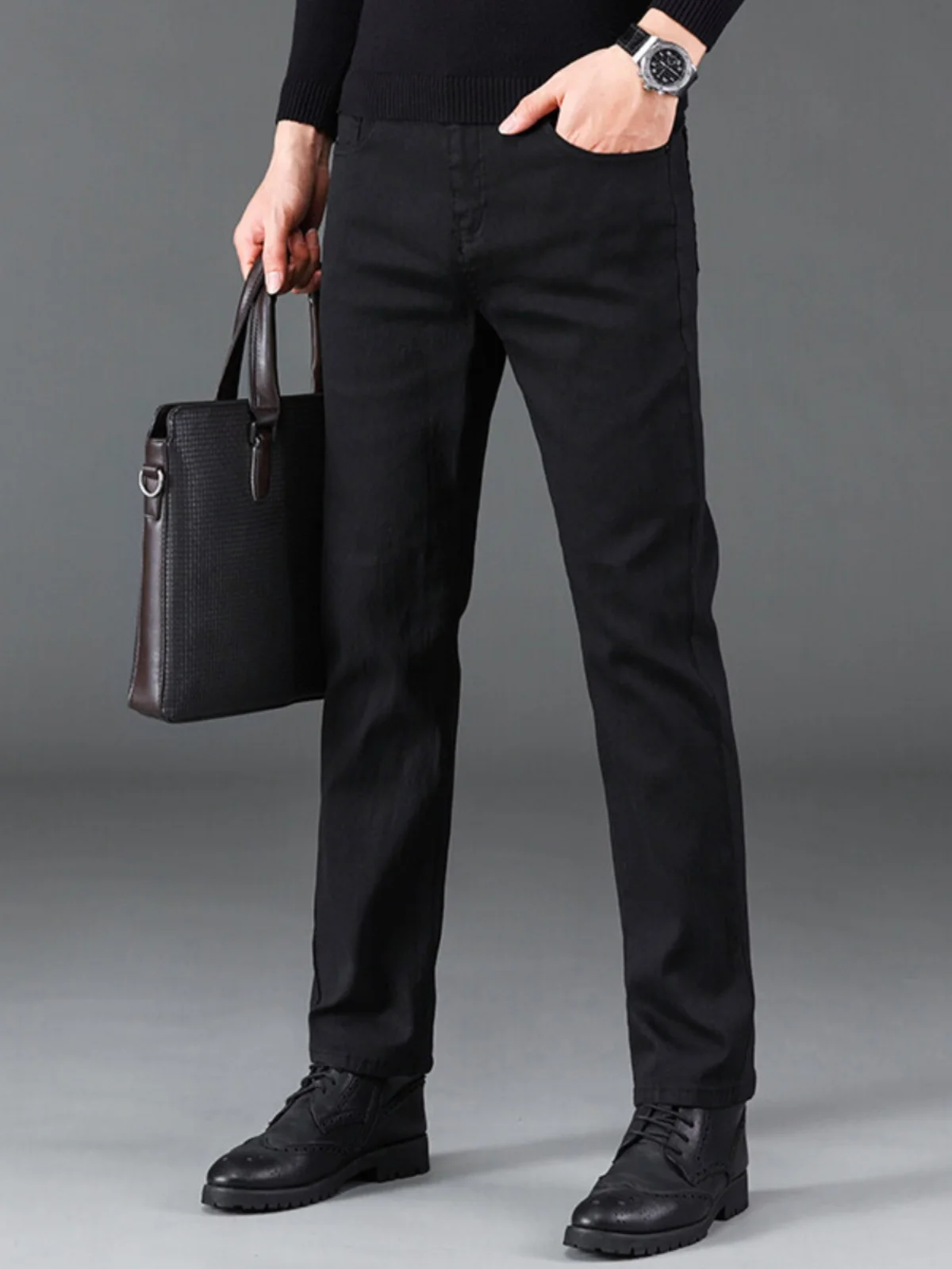 

Pure Bla Slim Fit Men's Jeans Elastic Casual Busin Straight Leg Long Pants Spring Autumn New Sle Korean Version