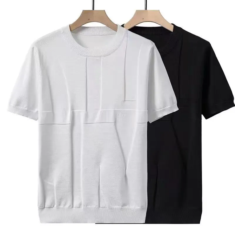 Knitting Short Sleeve T-shirt Thin Men's O-Neck Summer High end Knitted Half Sleeve Breathable Top Solid Color Icy Sensation